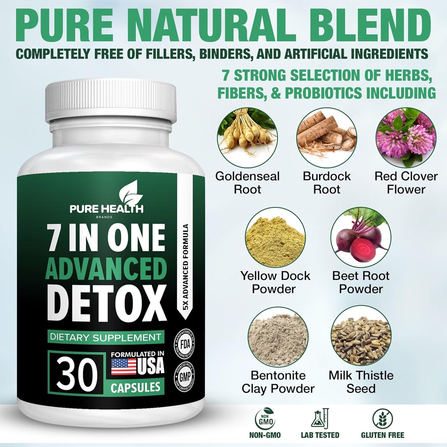 Pure Health Brands 7-in-1 Advanced Formula - Full Body Cleanse & Liver Repair - Natural Detox Support (30 Capsules)