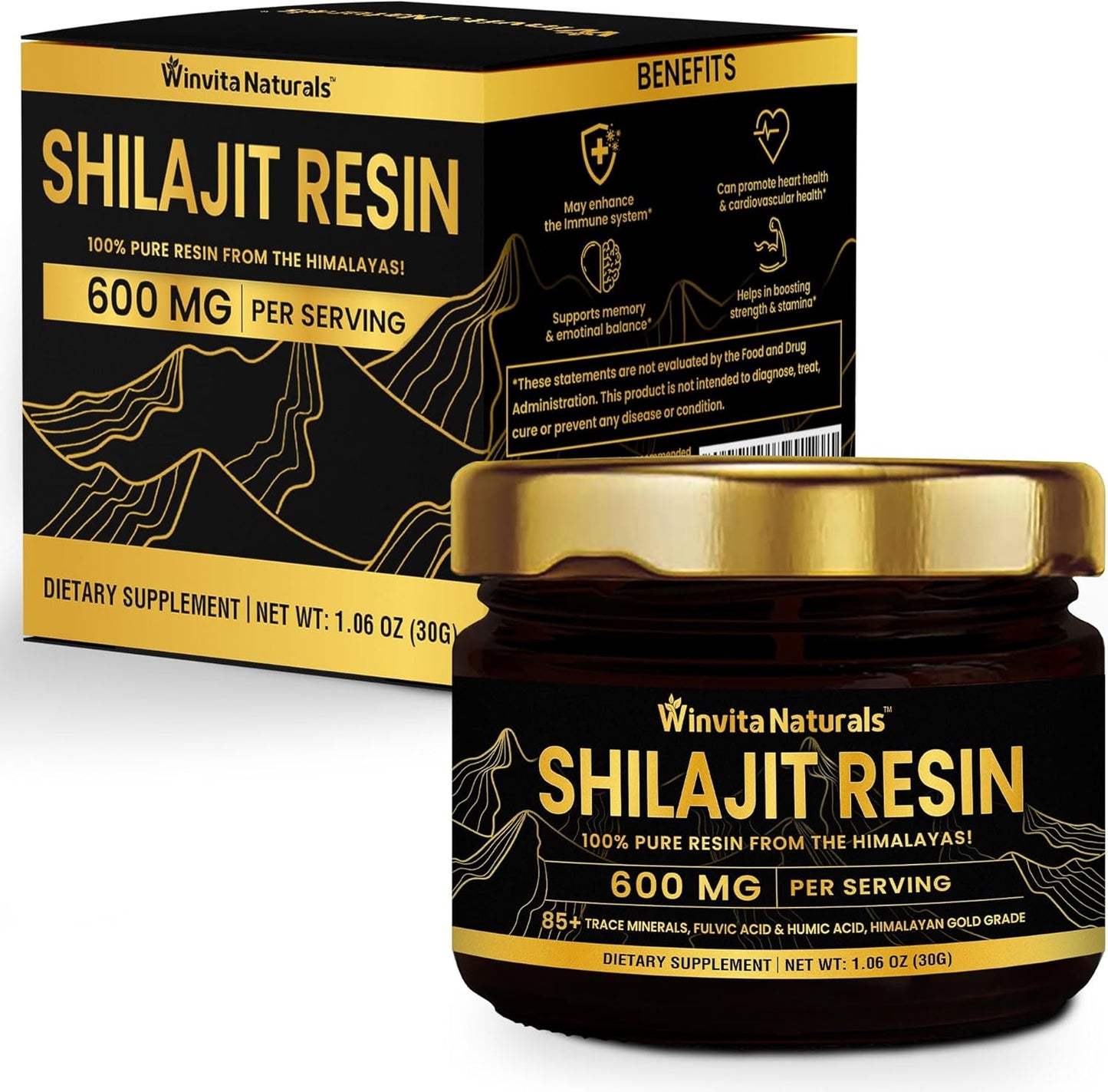 Pure Himalayan Organic Shilajit Resin - 600mg Gold Grade Supplement for Energy Boost & Immune Support, 85+ Trace Minerals, Fulvic Acid - 30g