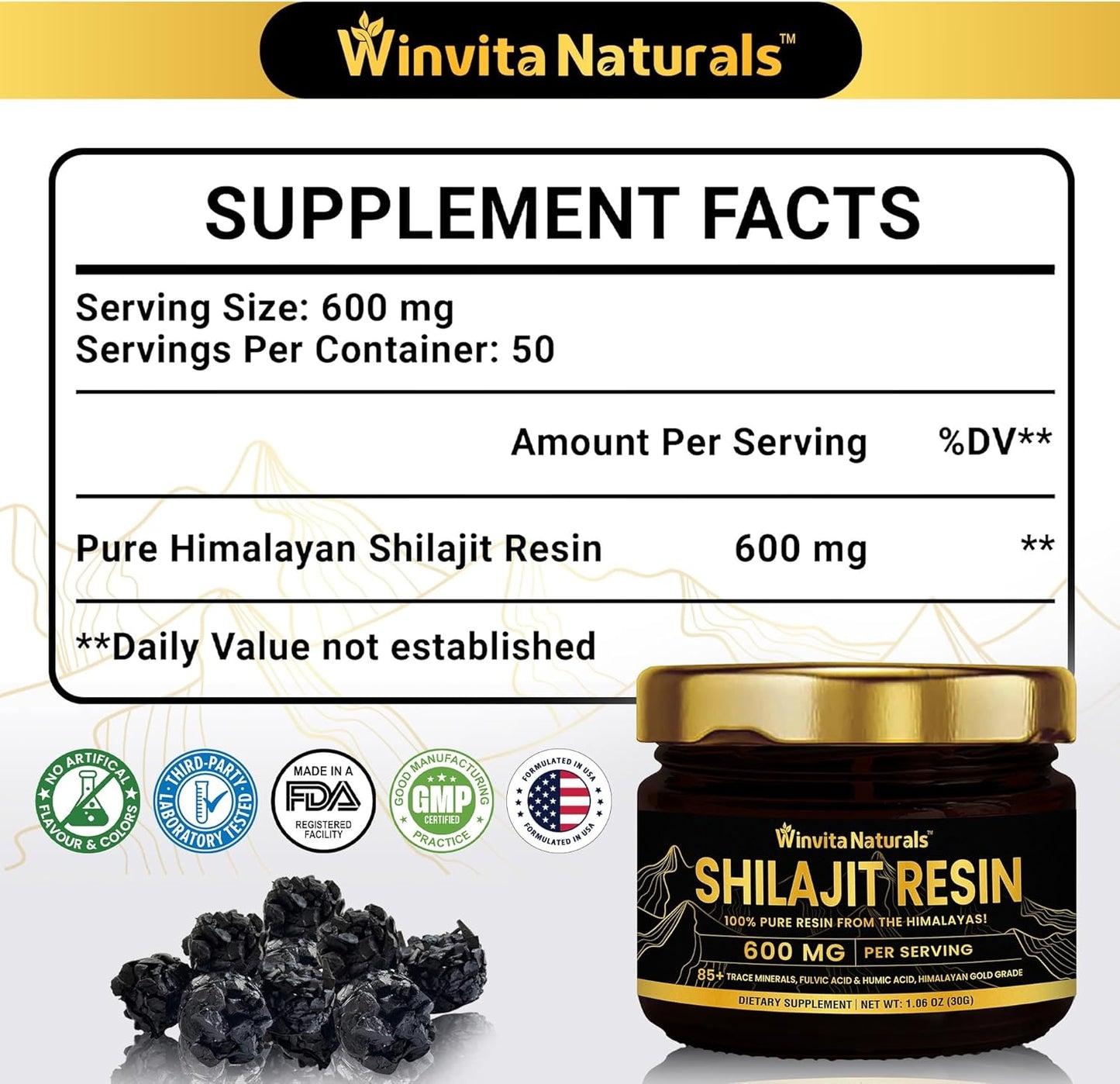 Pure Himalayan Organic Shilajit Resin - 600mg Gold Grade Supplement for Energy Boost & Immune Support, 85+ Trace Minerals, Fulvic Acid - 30g