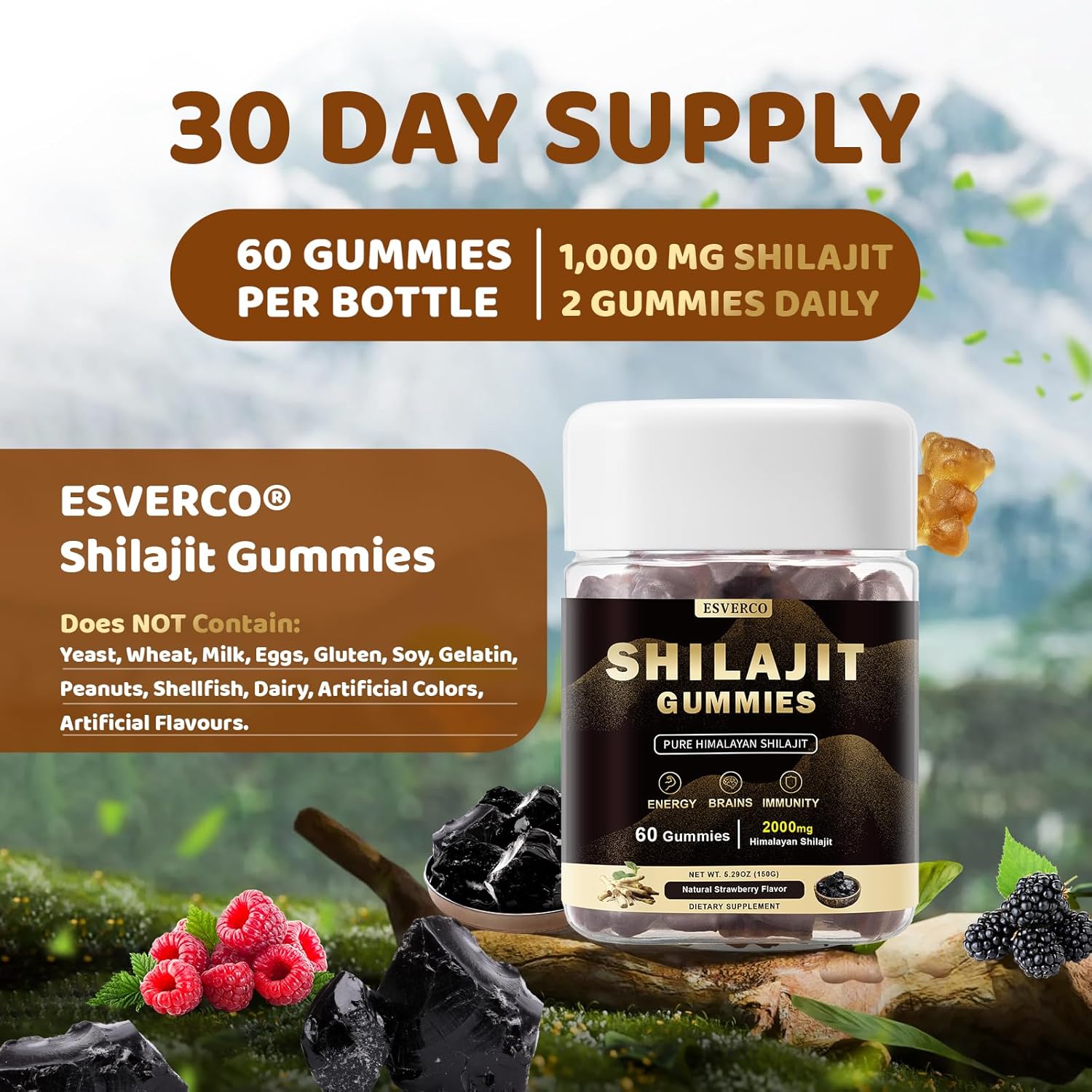 Pure Himalayan Shilajit Gummies - Lab Tested Trace Minerals Supplement for Men & Women - Non-GMO, Natural Flavor - 60 Count