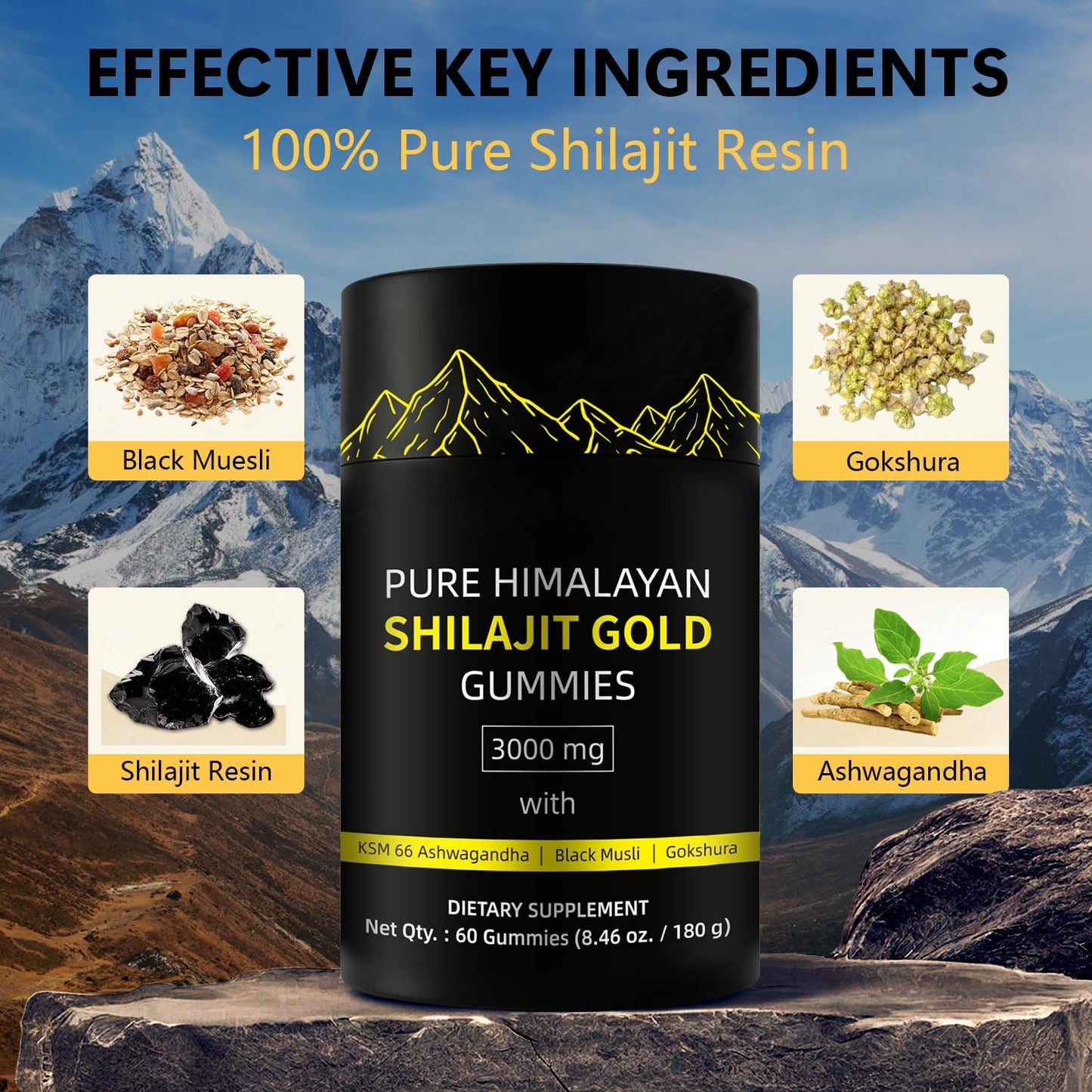 Pure Himalayan Shilajit Gummies Gold Grade with 85+ Trace Minerals, Ashwagandha, Gokshura - Energy Boost and Immune Support for Men and Women - 60 Gummies