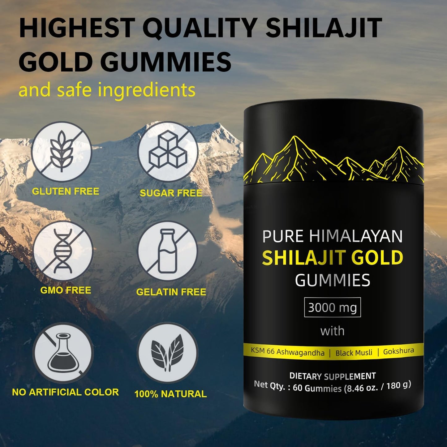 Pure Himalayan Shilajit Gummies Gold Grade with 85+ Trace Minerals, Ashwagandha, Gokshura - Energy Boost and Immune Support for Men and Women - 60 Gummies