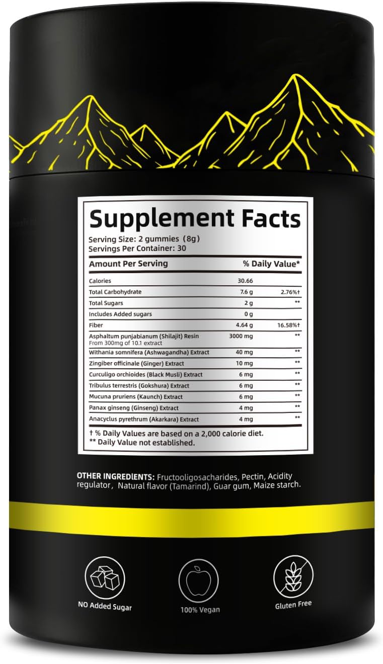 Pure Himalayan Shilajit Gummies Gold Grade with 85+ Trace Minerals, Ashwagandha, Gokshura - Energy Boost and Immune Support for Men and Women - 60 Gummies