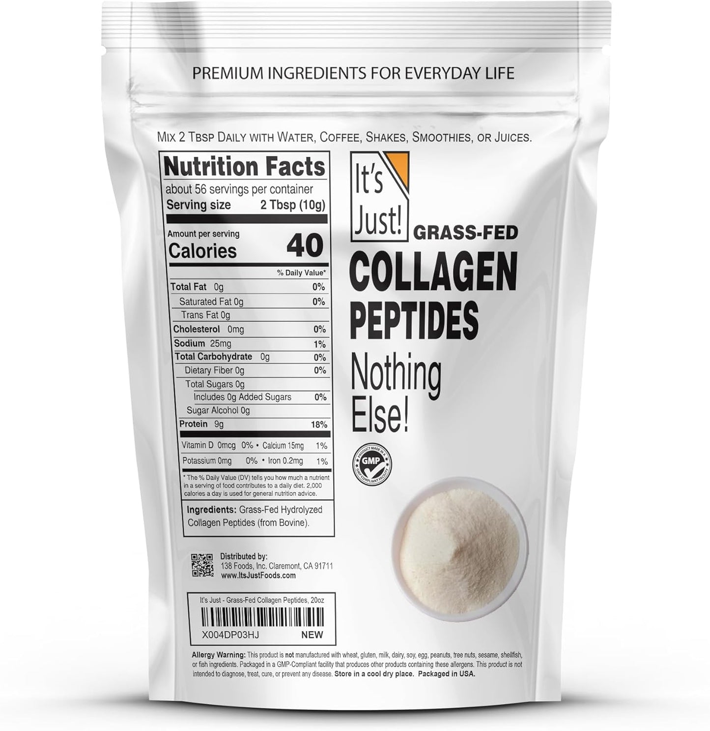 Pure Hydrolyzed Grass-Fed Collagen Peptides Powder, 1.25lbs - Type I & III, Dissolves Quickly - Unflavored 20oz