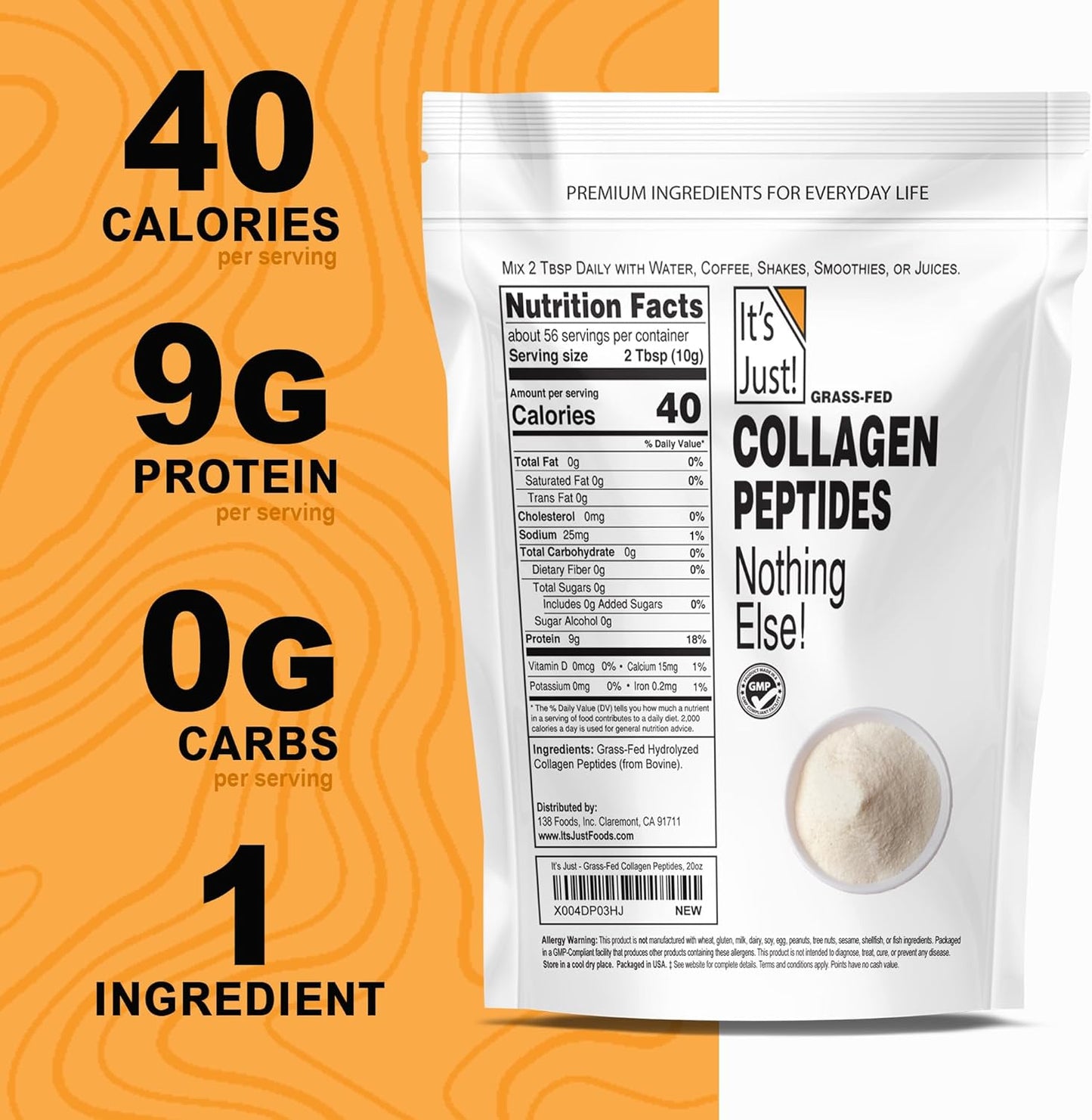 Pure Hydrolyzed Grass-Fed Collagen Peptides Powder, 1.25lbs - Type I & III, Dissolves Quickly - Unflavored 20oz