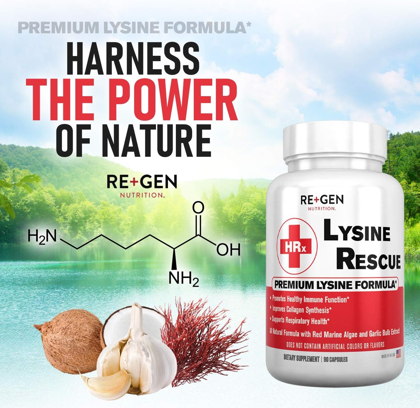 Pure L-Lysine Amino Acid Supplement for Immune & Skin Health - 90 Capsules