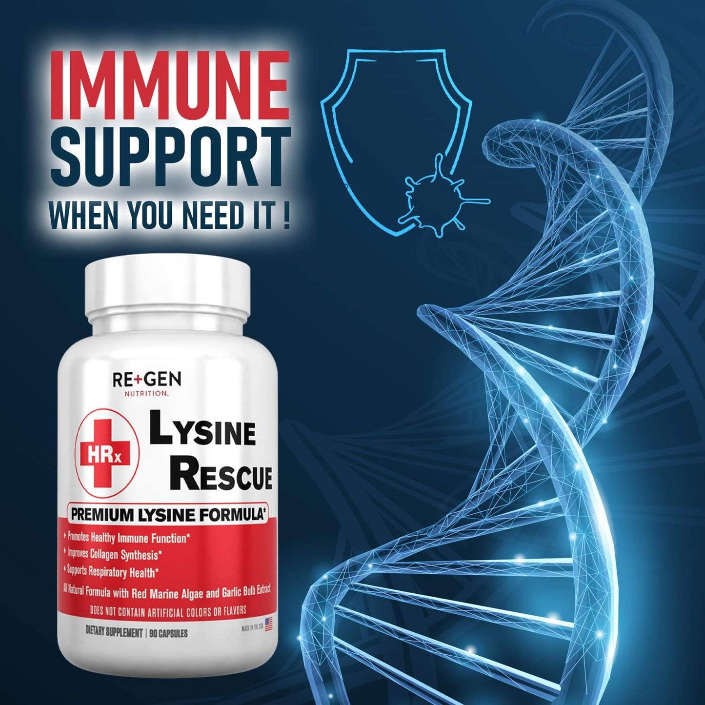 Pure L-Lysine Amino Acid Supplement for Immune & Skin Health - 90 Capsules