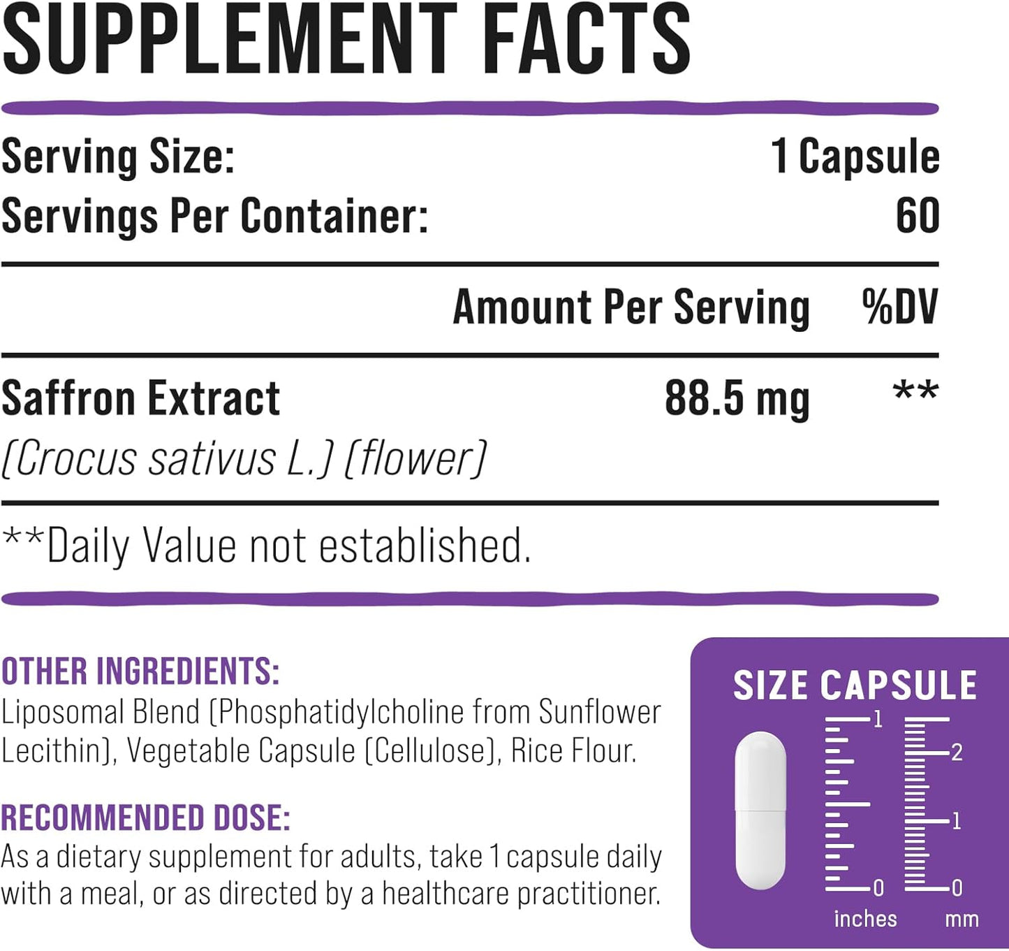 Pure Liposomal Saffron Supplement - High Bioavailability 88.5 mg Extract - 60 Capsules USA Made