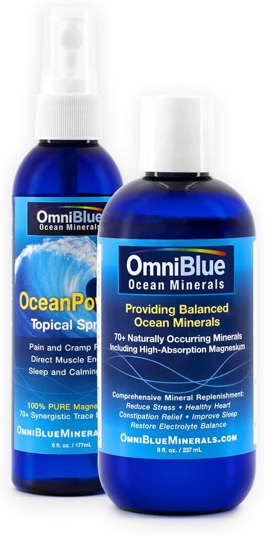 Pure Magnesium Mineral Replenishment Set - OmniBlue Ocean Minerals 8oz & OceanPower Topical Spray 6oz | 70+ Trace Minerals | Additive-Free