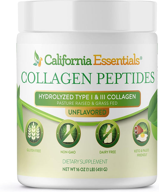 Pure Multi Hydrolyzed Type I + III Collagen Peptides Powder - 16oz | Unflavored Supplement for Skin, Hair, Nails, & Joints | California Essentials | Gluten Free, Soy Free, Non-GMO