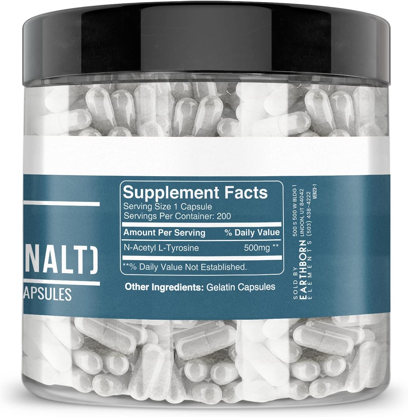 Pure N-Acetyl L-Tyrosine (NALT) 200 Capsules by Earthborn Elements - Additive-Free & Undiluted