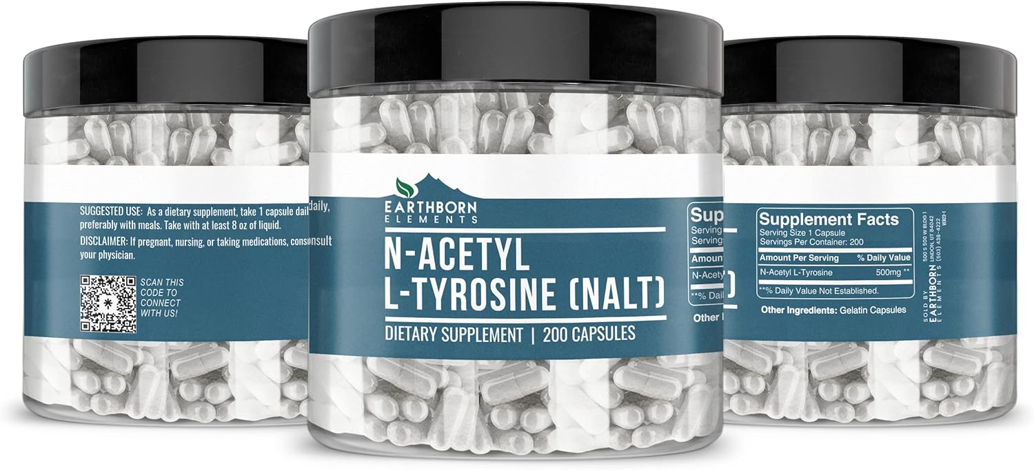 Pure N-Acetyl L-Tyrosine (NALT) 200 Capsules by Earthborn Elements - Additive-Free & Undiluted