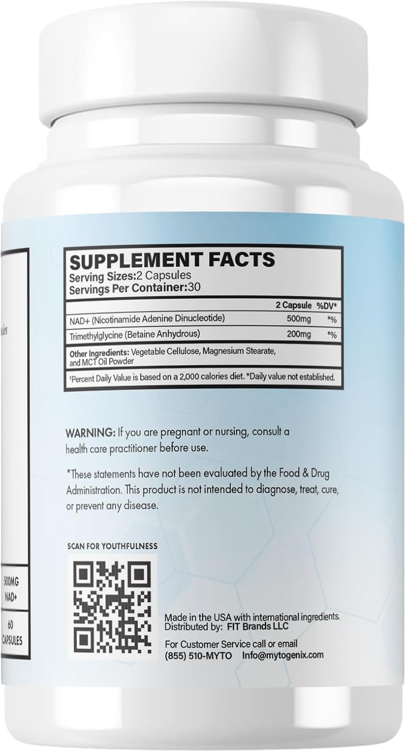 Pure NAD+ Capsules - 500mg per Serving - Anti-Aging Supplement for Cellular Health and DNA Repair - 60 Capsules
