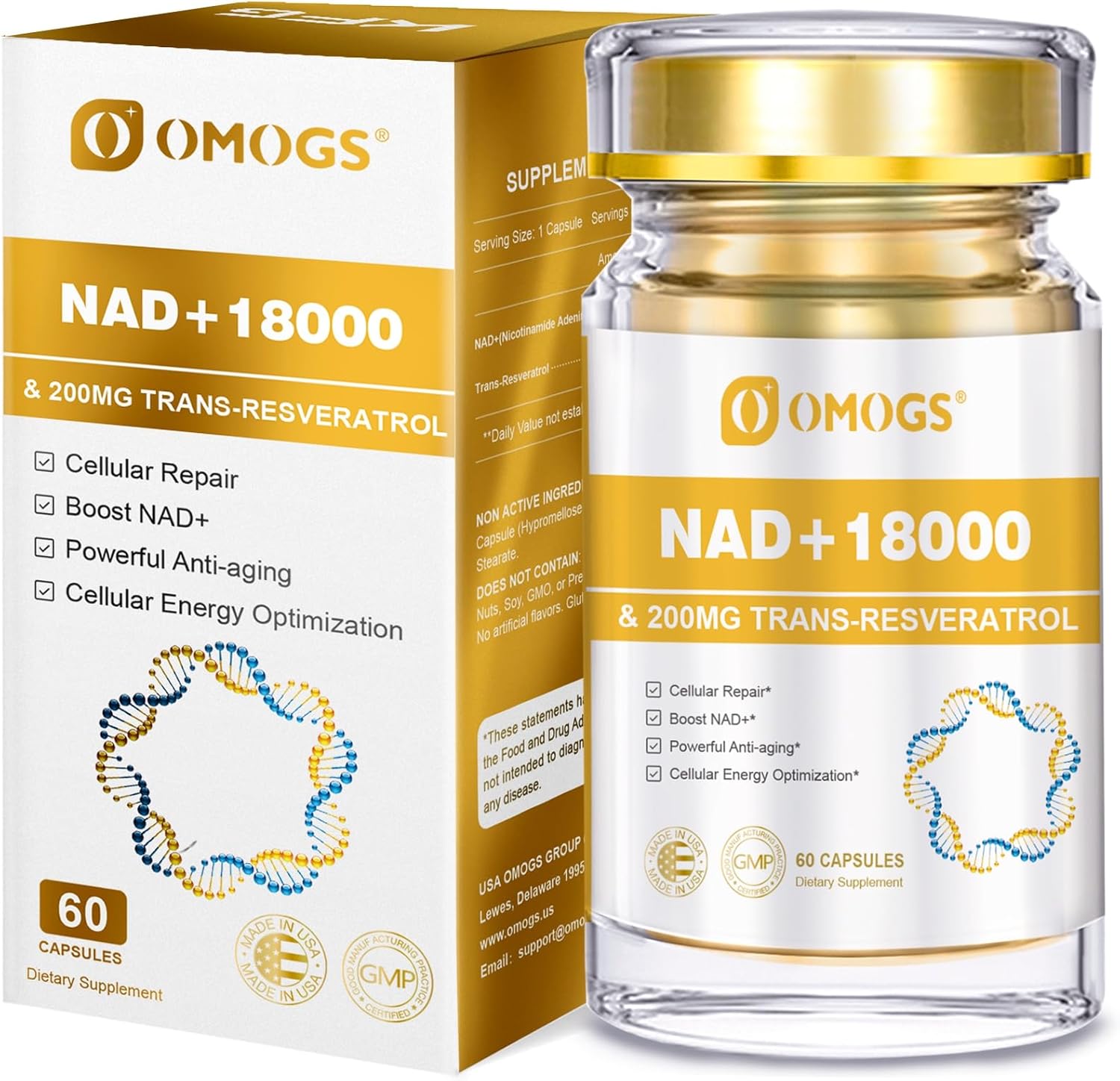 Pure NAD Supplement with Trans-Resveratrol for Healthy Aging & DNA Repair - 60 Capsules, 300mg NAD+ & 200mg Resveratrol, Max Absorption & Cellular Energy - BoostGo Australia