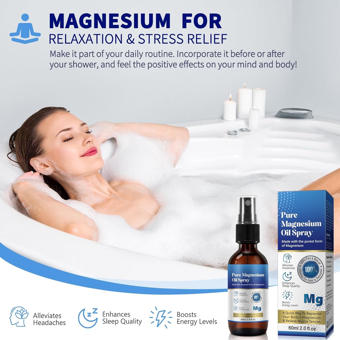 Pure & Natural Magnesium Oil Spray for Feet - 2 Fl.Oz - Top Quality Magnesium Oil Spray