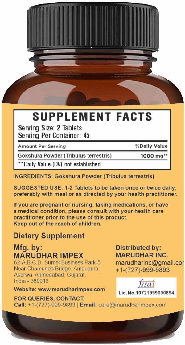 Pure & Natural Miniature Gokshura (Tribulus Terrestris) Tablets - Herbal Supplement | Gluten-Free | 90 Tablets, 45 Days Supply