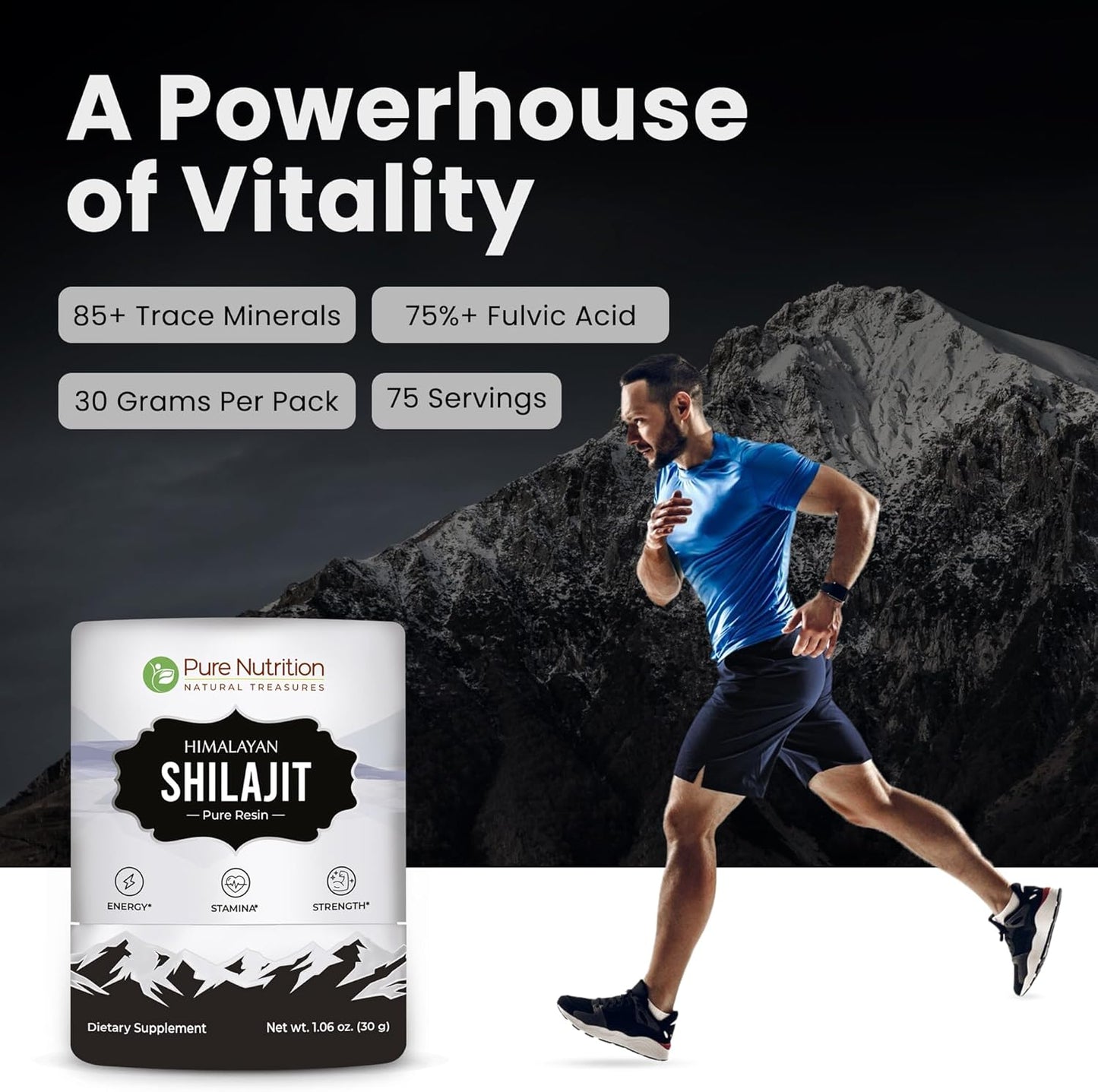Pure Nutrition Pure Himalayan Shilajit Resin: Natural Energy Supplement with 85+ Minerals for Men & Women | 75 Servings - 30g Pack