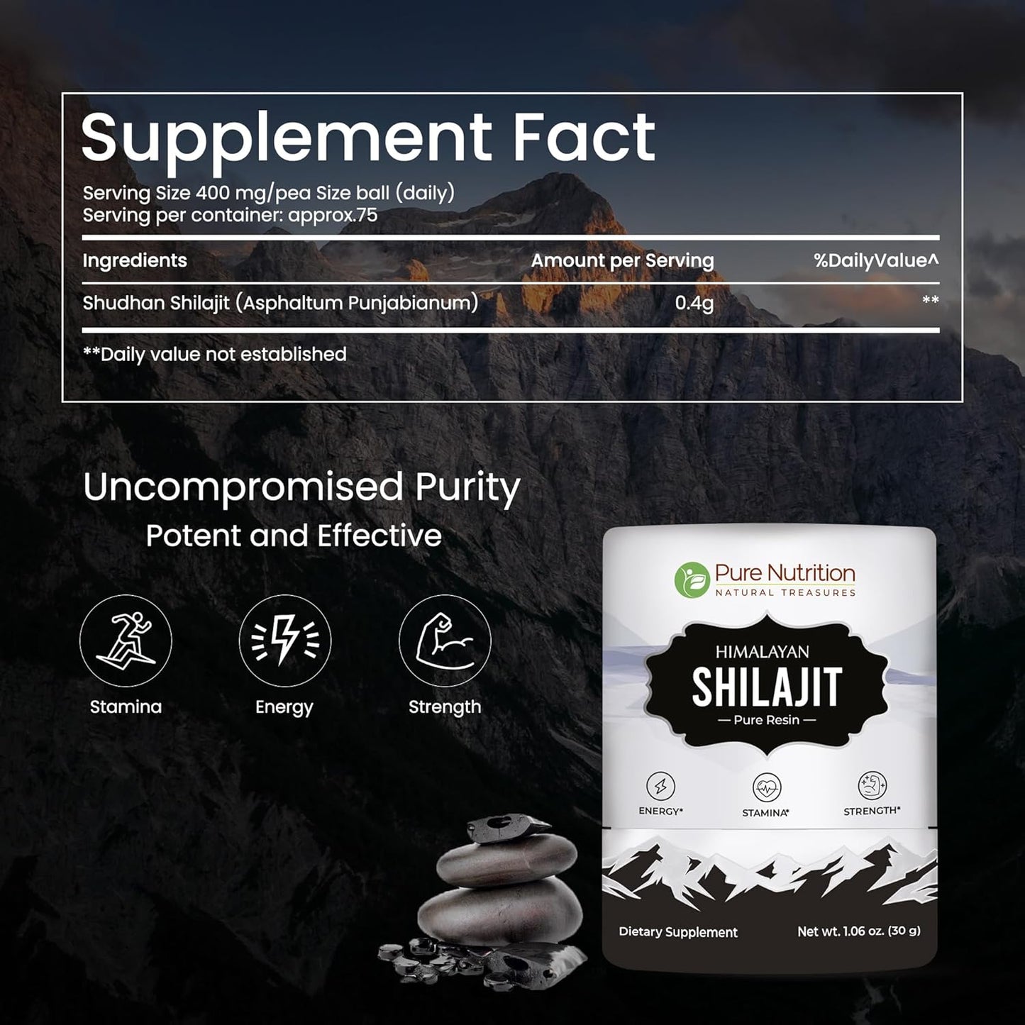 Pure Nutrition Pure Himalayan Shilajit Resin: Natural Energy Supplement with 85+ Minerals for Men & Women | 75 Servings - 30g Pack