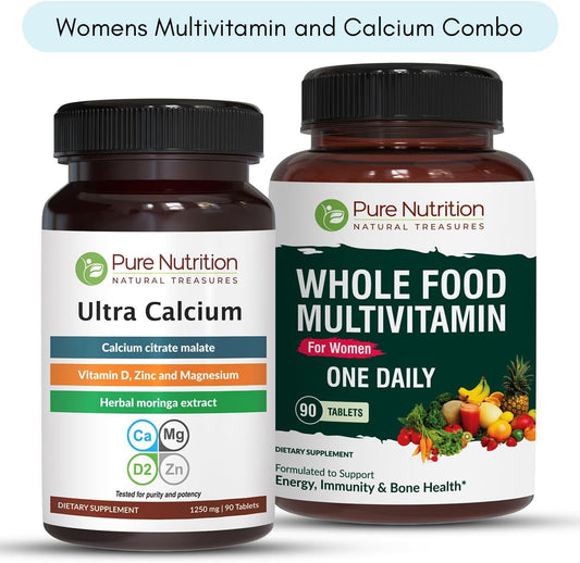 Pure Nutrition Ultra Calcium 1000mg & Whole Foods Women's Multivitamins 1500mg Bundle for Bone Health & Metabolic Support - 90 Tabs each
