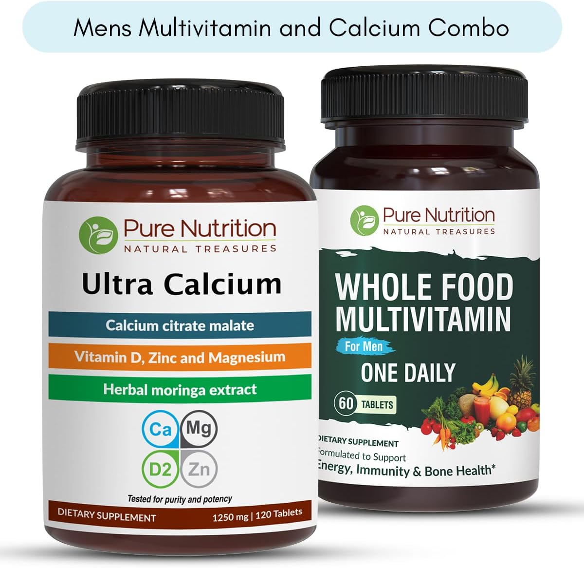 Pure Nutrition Ultra Calcium and Whole Foods Men's Multivitamins Bundle for Strong Bones and Overall Wellness - 90 tabs Calcium + 60 tabs Multivitamins