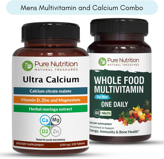 Pure Nutrition Ultra Calcium and Whole Foods Men's Multivitamins Bundle for Strong Bones and Overall Wellness - 90 tabs Calcium + 60 tabs Multivitamins