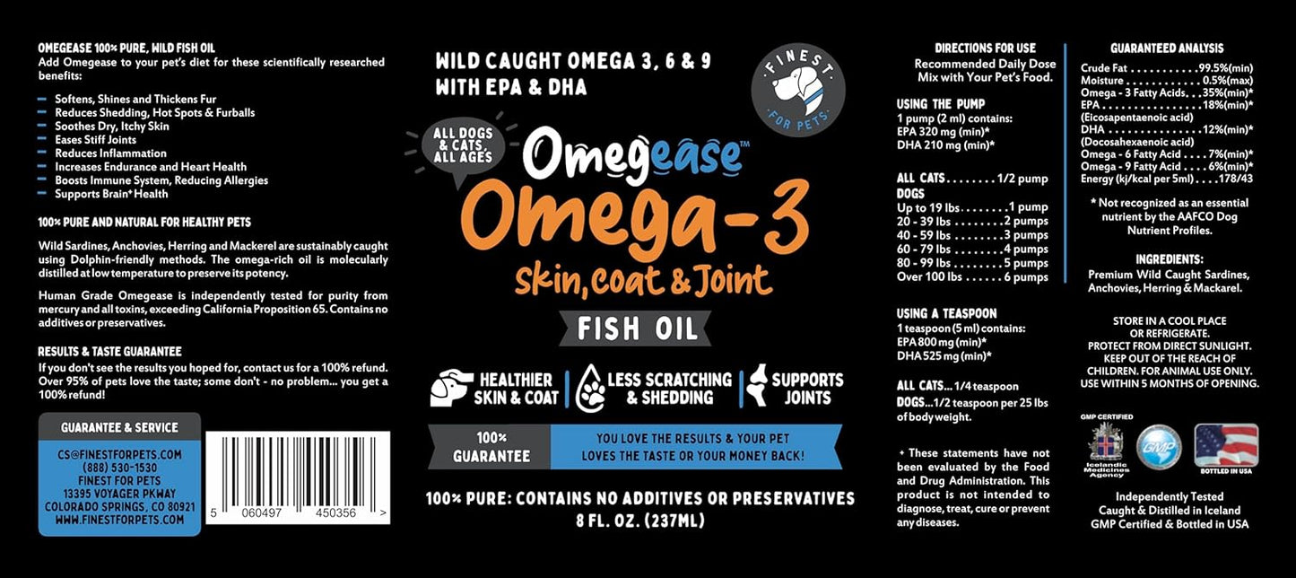 Pure Omega 3 Fish Oil for Dogs & Cats - Omegease Supplement for Skin, Coat, Joints & Immune Health - 8 oz