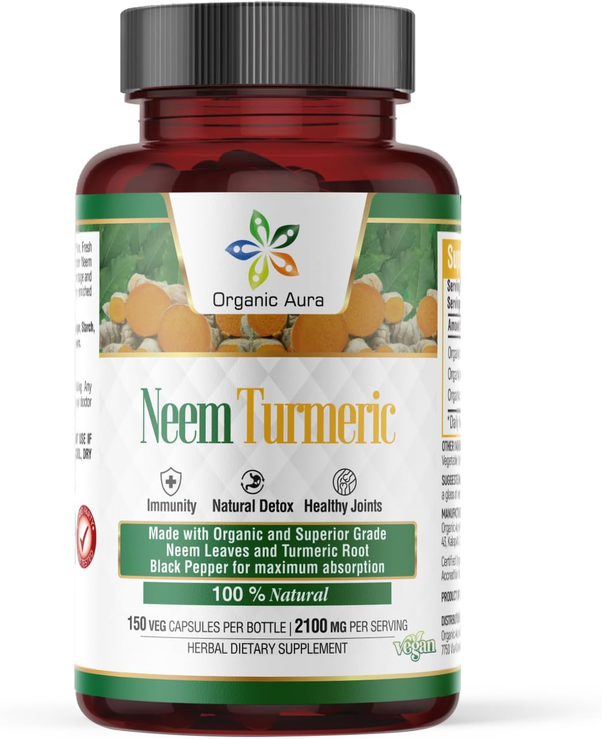 Pure Organic Neem Turmeric Capsules - High-Potency Whole Green Superfood (150 Veg Caps)