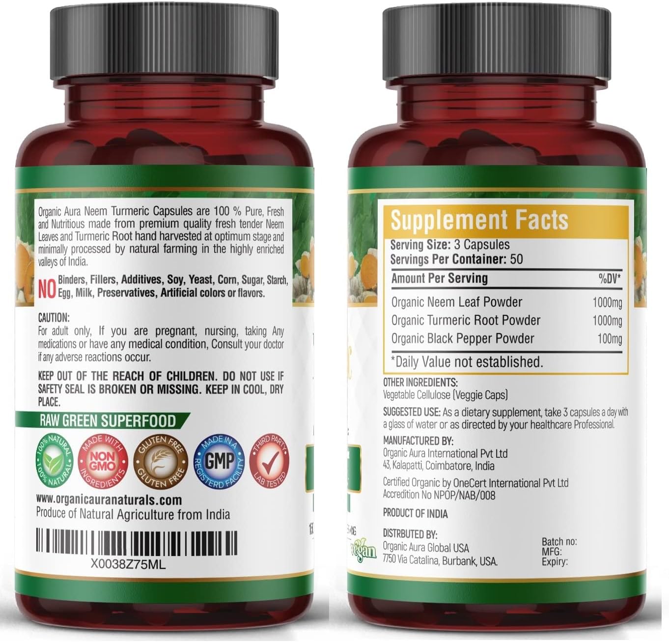 Pure Organic Neem Turmeric Capsules - High-Potency Whole Green Superfood (150 Veg Caps)