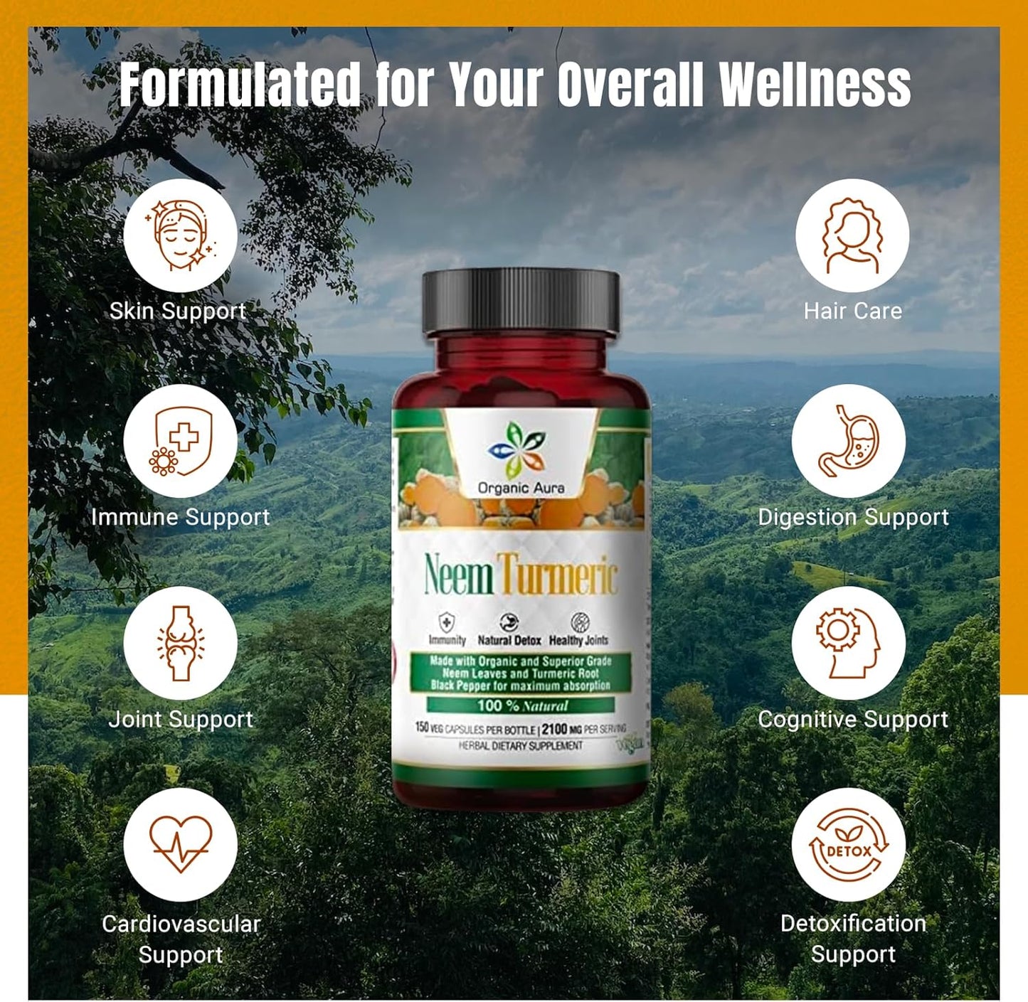 Pure Organic Neem Turmeric Capsules - High-Potency Whole Green Superfood (150 Veg Caps)