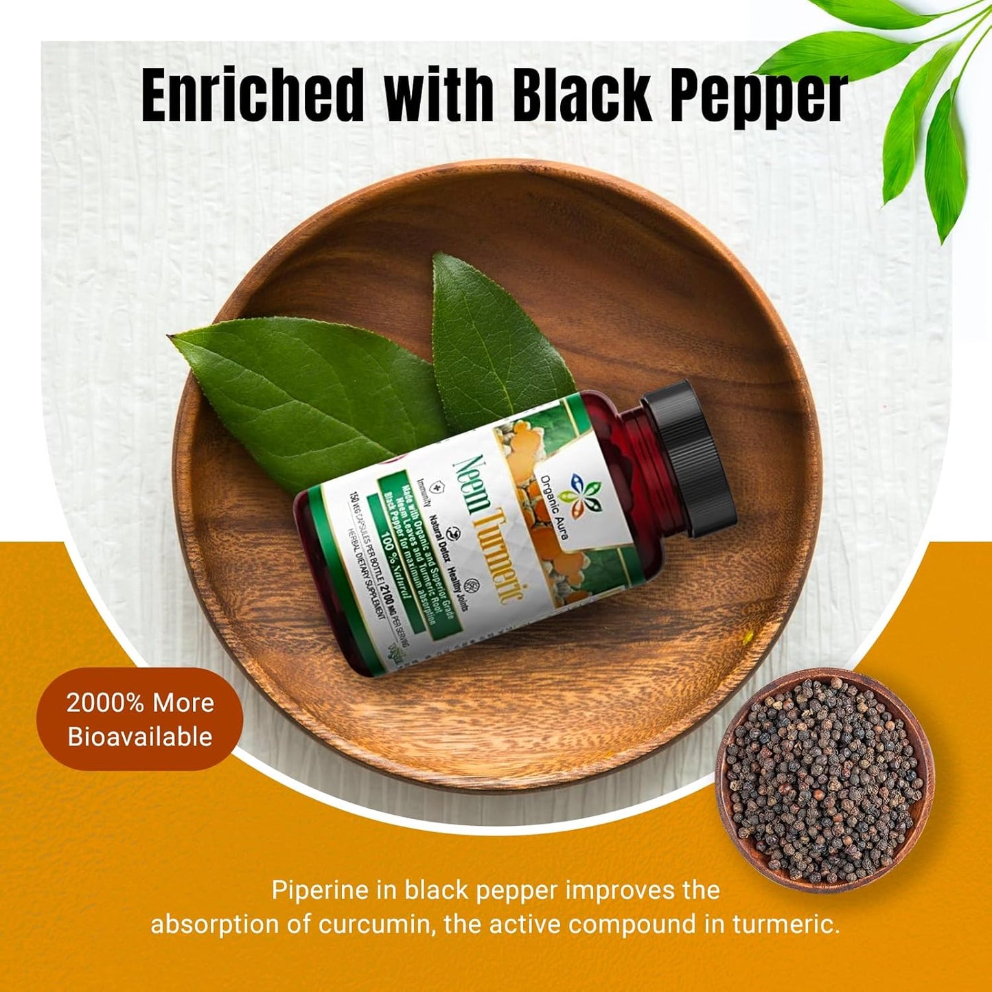 Pure Organic Neem Turmeric Capsules - High-Potency Whole Green Superfood (150 Veg Caps)