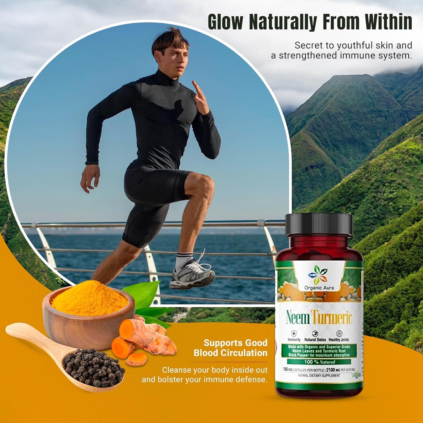 Pure Organic Neem Turmeric Capsules - High-Potency Whole Green Superfood (150 Veg Caps)