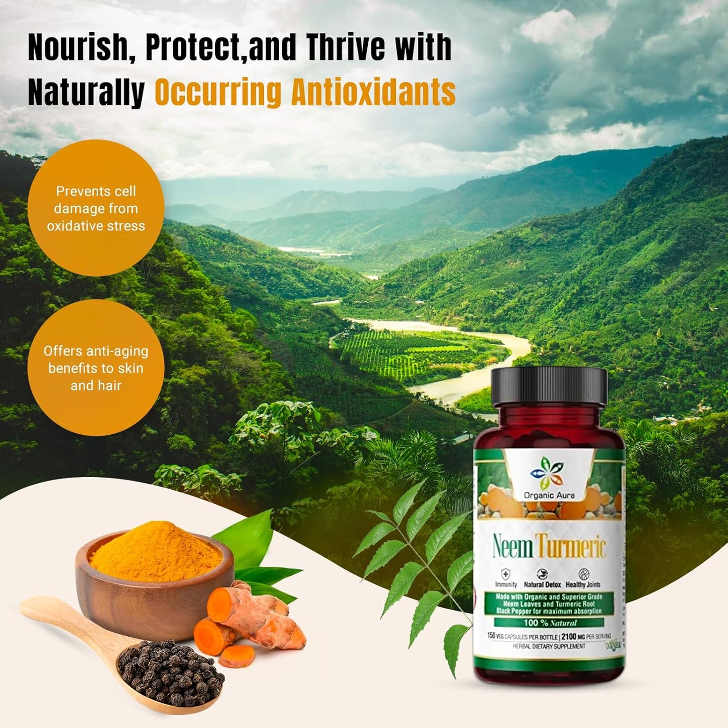 Pure Organic Neem Turmeric Capsules - High-Potency Whole Green Superfood (150 Veg Caps)