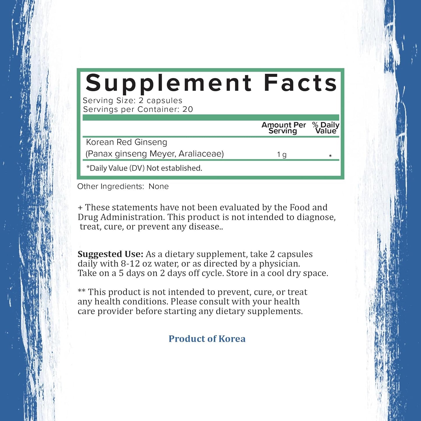 Pure Panax Ginseng Capsules | Korean Red Ginseng Supplement | Vegan, Gluten Free, Non GMO | 40 Capsules with Ginsenosides