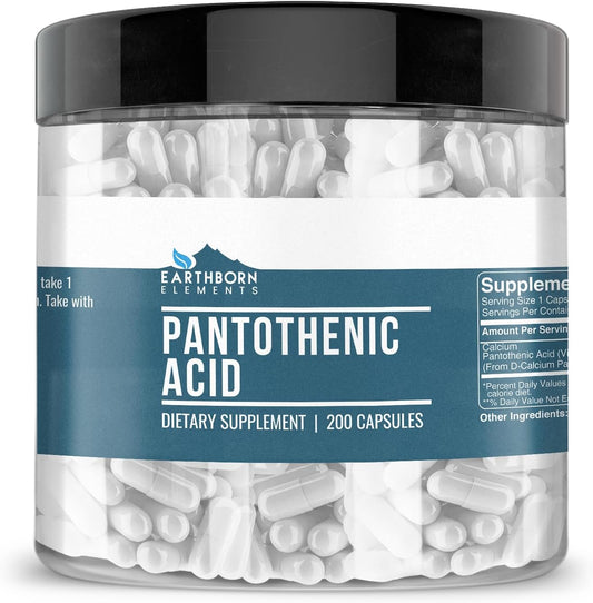 Pure Pantothenic Acid Capsules - 200 Count, Earthborn Elements, No Additives, High Quality