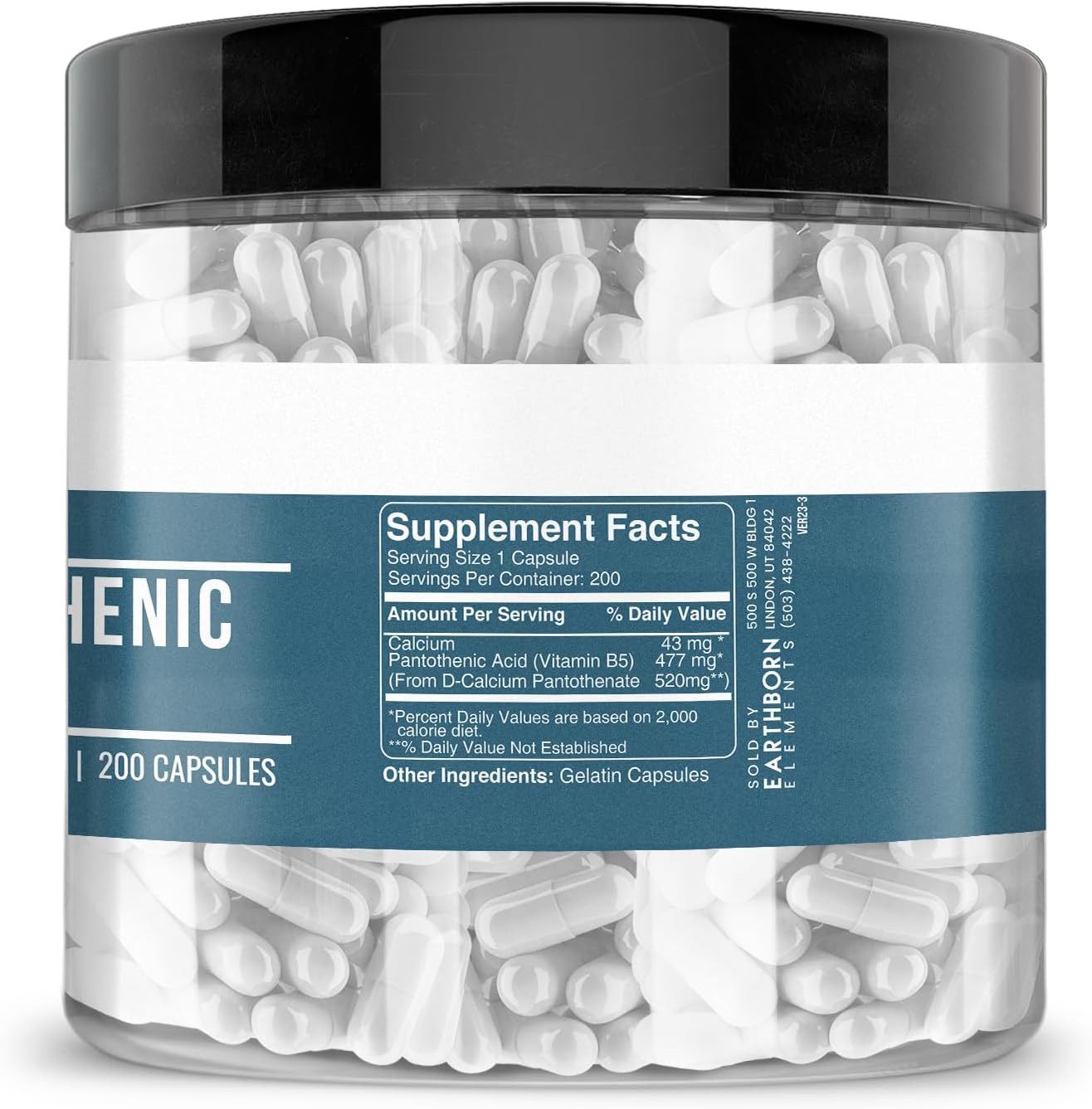 Pure Pantothenic Acid Capsules - 200 Count, Earthborn Elements, No Additives, High Quality