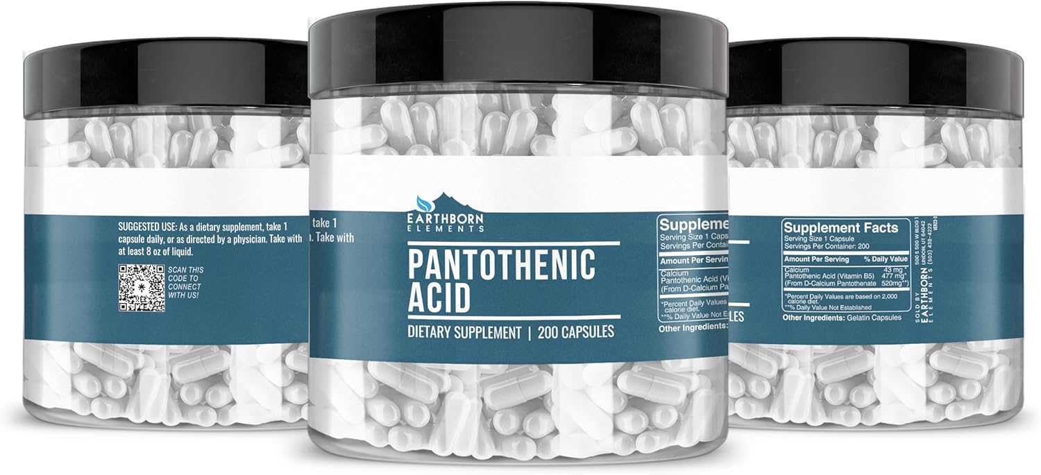 Pure Pantothenic Acid Capsules - 200 Count, Earthborn Elements, No Additives, High Quality