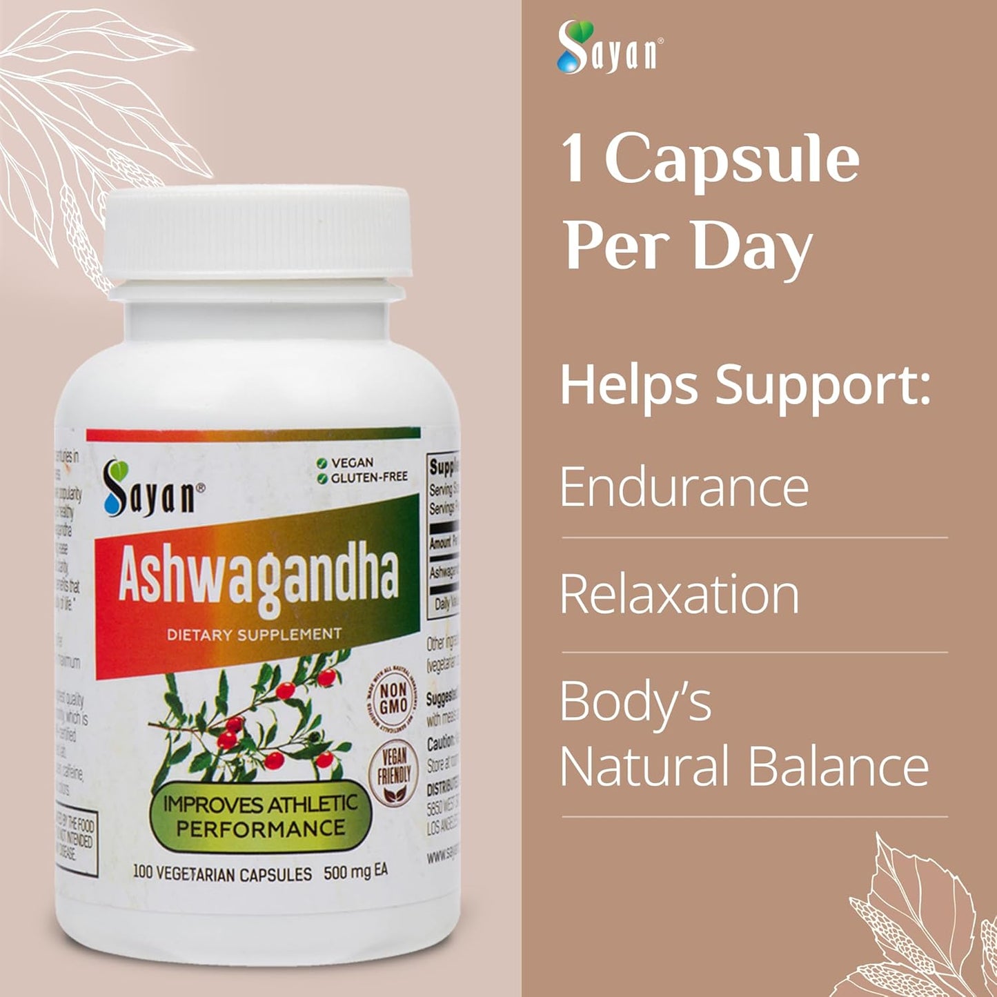 Pure & Potent Sayan Ashwagandha Capsules 500mg - Natural Immune Support & Energy Booster - Non-GMO with No Fillers - 100 Capsules