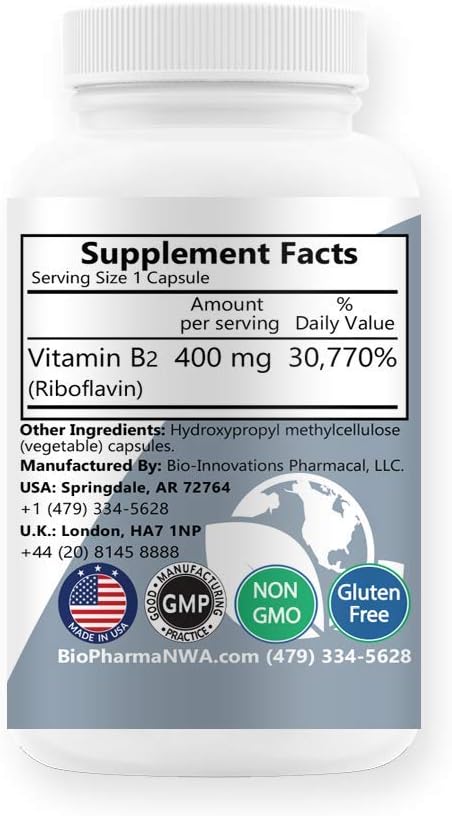 Pure Riboflavin Supplement for Nervous System, Cardiovascular Health, Energy Boost, and Metabolism - 60 Vegan Capsules by BioInnovations Pharmacal