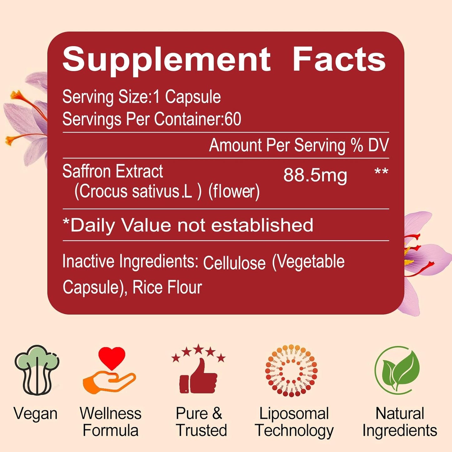 Pure Saffron Extract Capsules - 88.5mg for Mood, Energy & Eye Health - Non-GMO, Gluten-Free - 120 Vegan Capsules