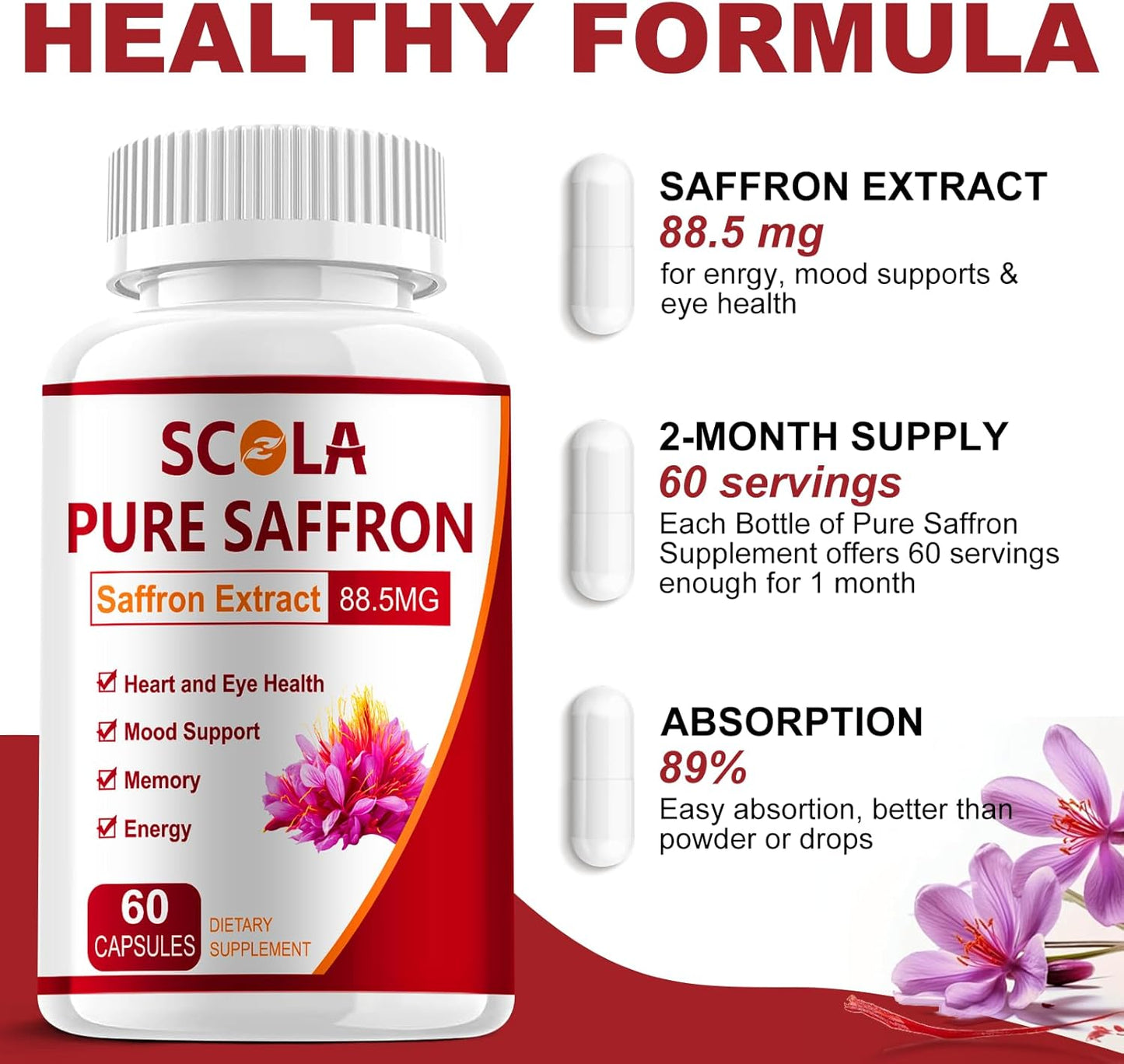 Pure Saffron Extract Capsules - 88.5mg for Mood, Energy & Eye Health - Non-GMO, Gluten-Free - 120 Vegan Capsules