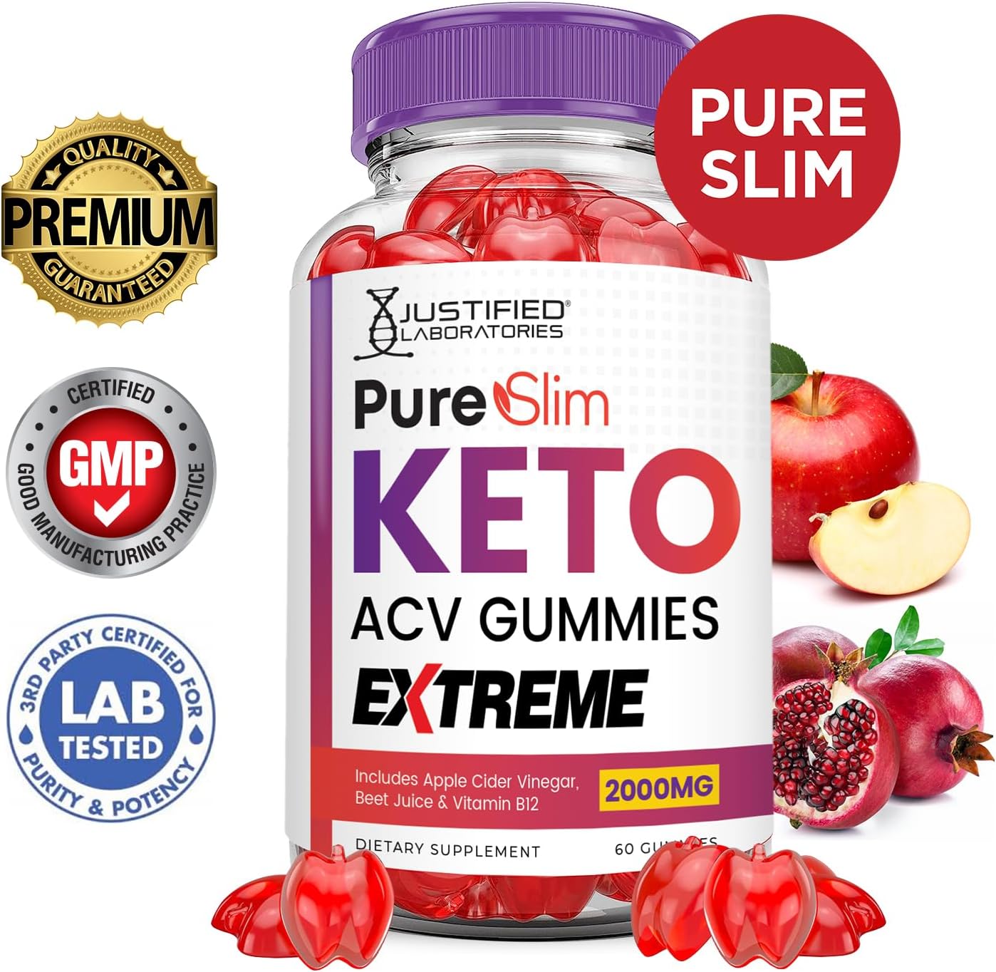 Pure Slim Keto ACV Gummies Extreme 2000MG - Advanced Formula with Pomegranate, Beet Juice Powder, B12 - Vegan, Non GMO - 60 Gummies