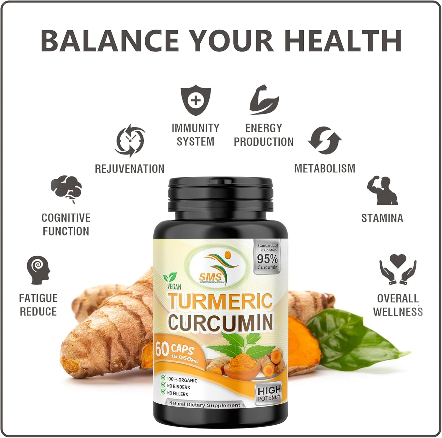 Pure Turmeric Curcumin 1000mg with 95% Curcuminoids & Black Pepper Extract - Non GMO, Gluten Free - 60 Veg Capsules for Increased Absorption