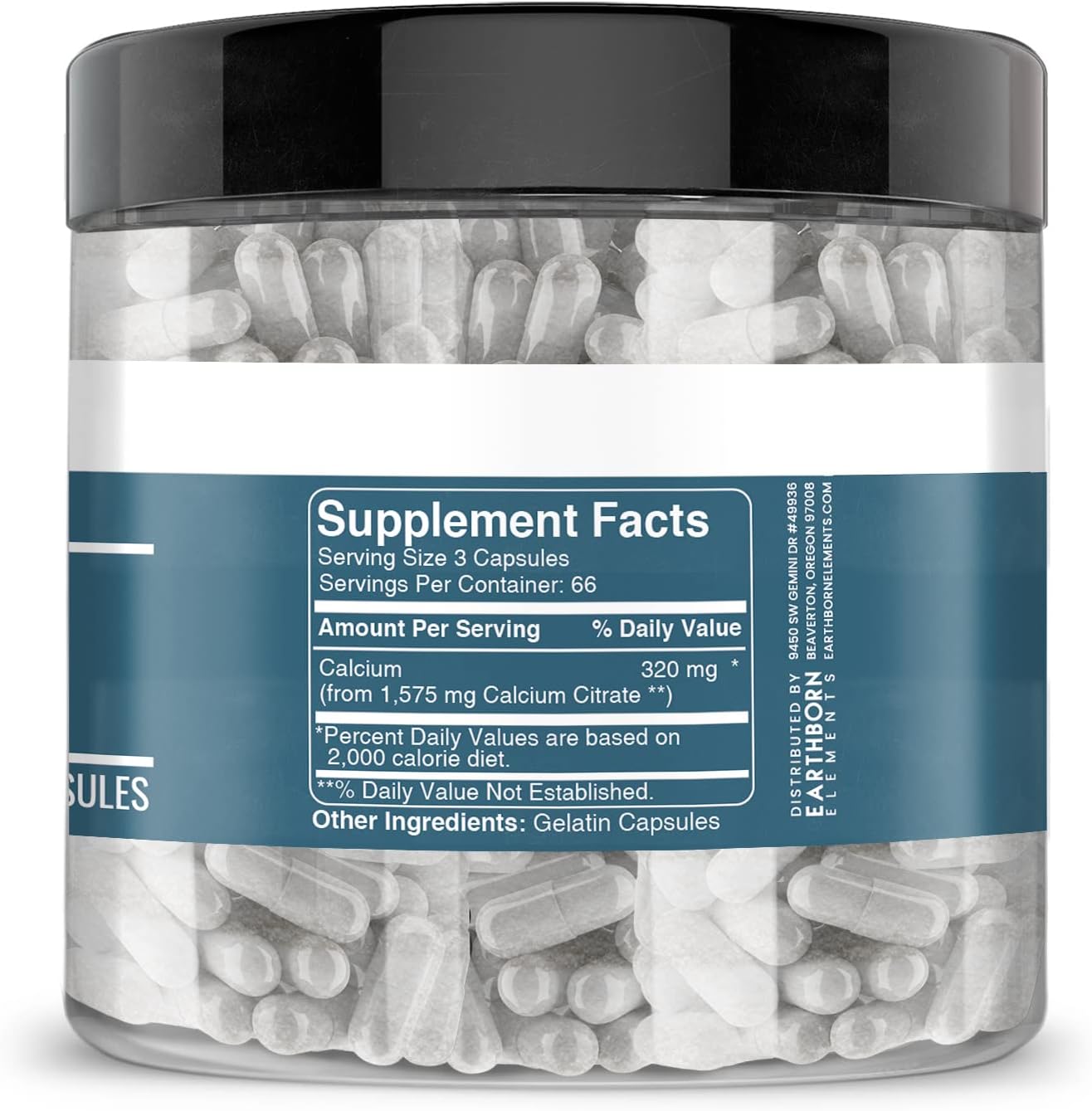 Pure & Undiluted Calcium Citrate Capsules - 200 Count by Earthborn Elements, Additive-Free