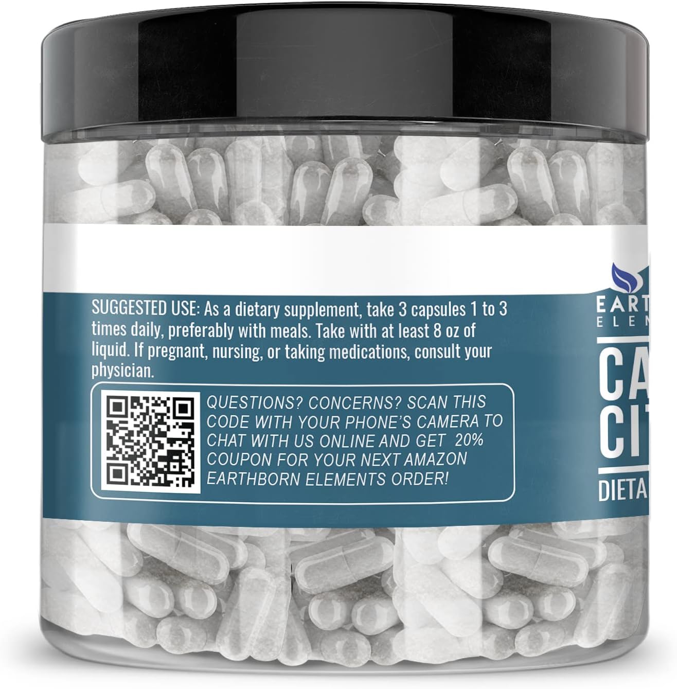 Pure & Undiluted Calcium Citrate Capsules - 200 Count by Earthborn Elements, Additive-Free