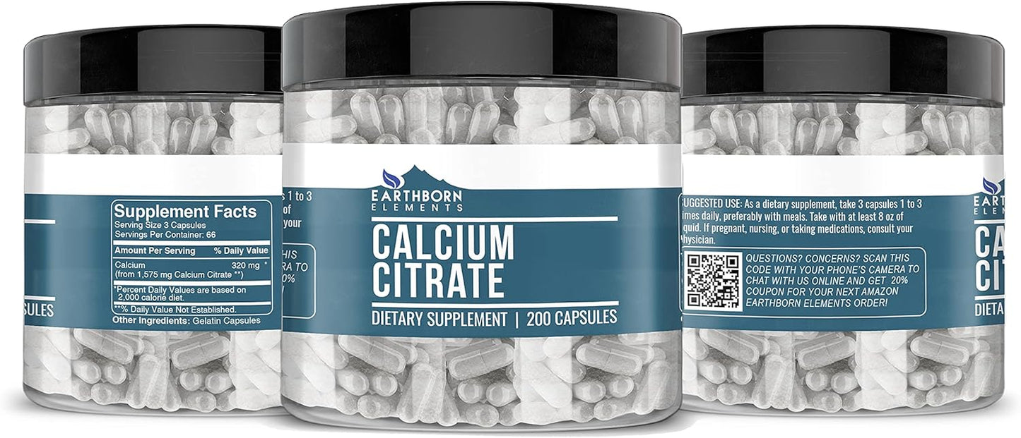 Pure & Undiluted Calcium Citrate Capsules - 200 Count by Earthborn Elements, Additive-Free