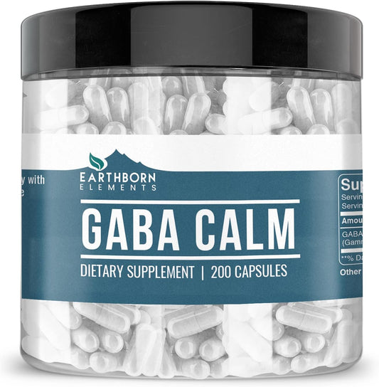 Pure & Undiluted GABA (Gamma Aminobutyric Acid) 200 Capsules by Earthborn Elements - No Additives