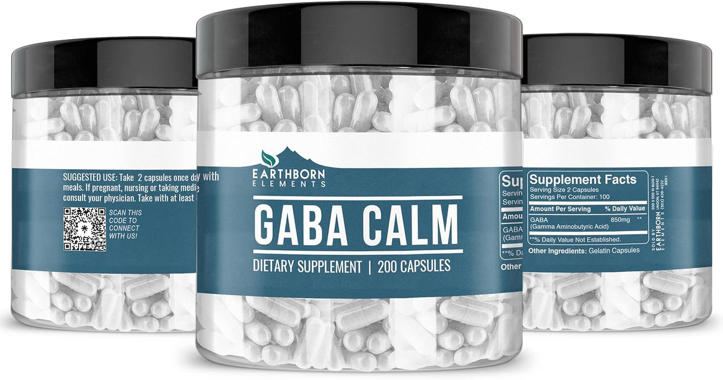 Pure & Undiluted GABA (Gamma Aminobutyric Acid) 200 Capsules by Earthborn Elements - No Additives