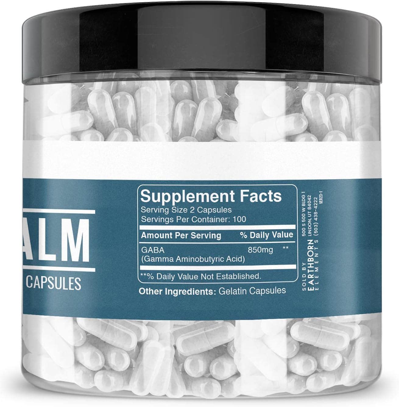 Pure & Undiluted GABA (Gamma Aminobutyric Acid) 200 Capsules by Earthborn Elements - No Additives