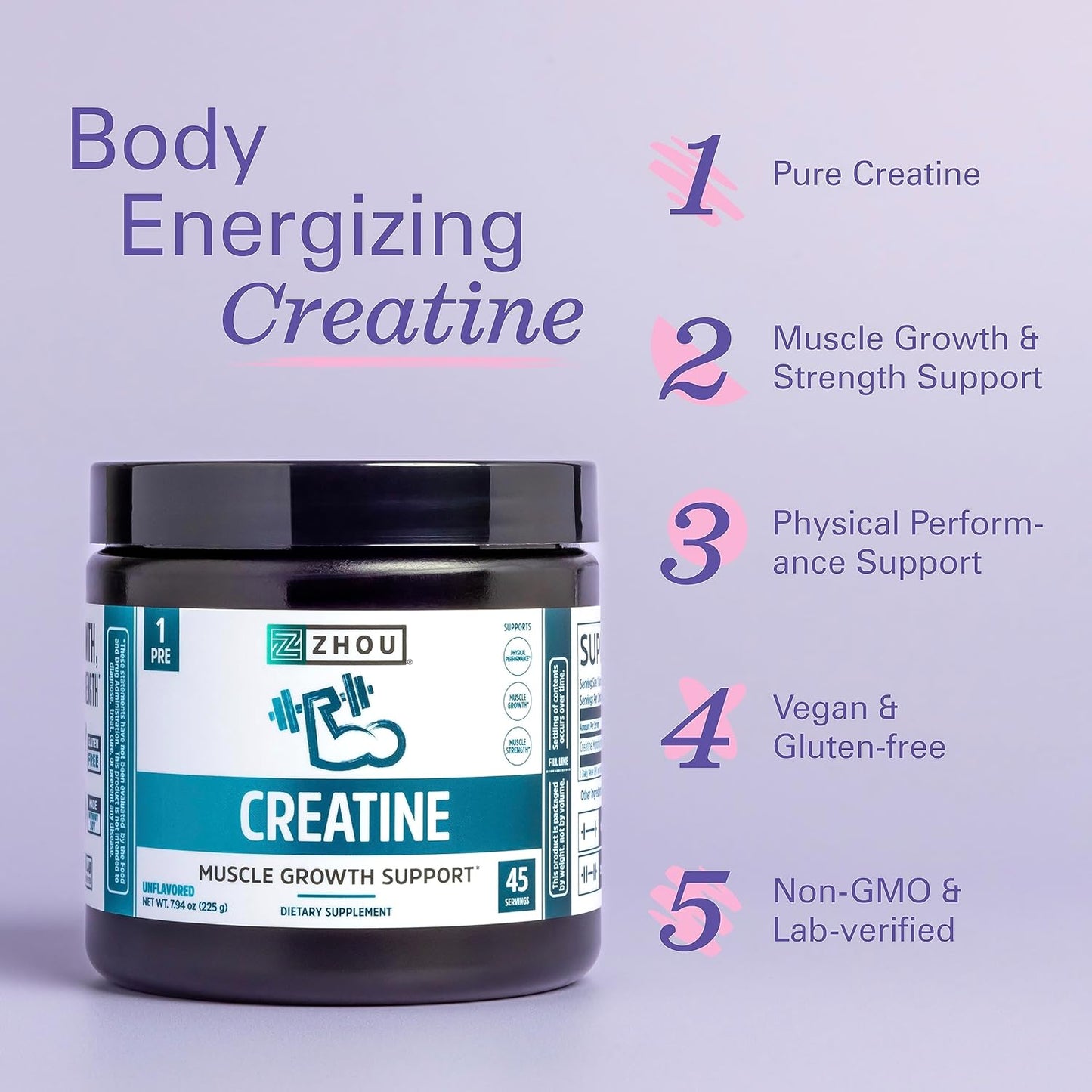 Pure Unflavored Creatine Monohydrate Powder for Workout Recovery, Physical Performance Support - Vegan, Non-GMO, Gluten Free - 45 Servings