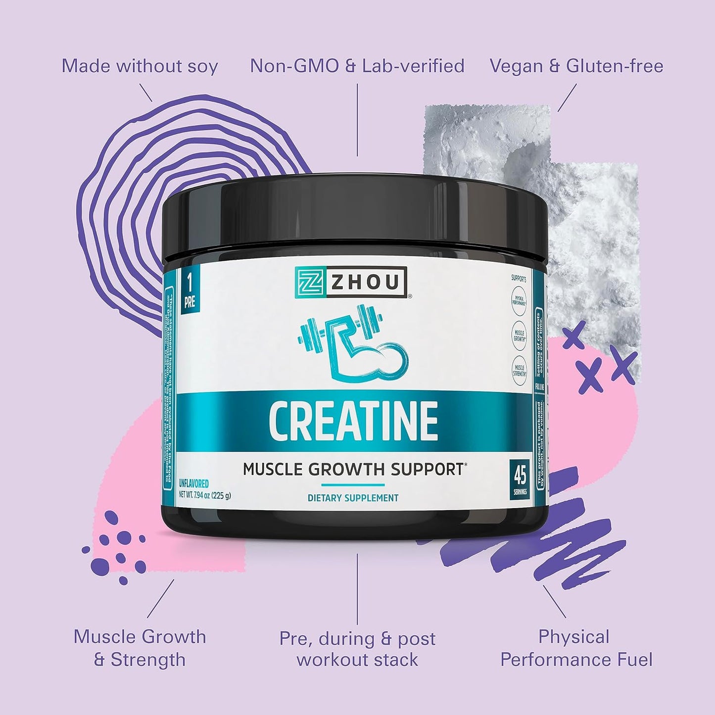Pure Unflavored Creatine Monohydrate Powder for Workout Recovery, Physical Performance Support - Vegan, Non-GMO, Gluten Free - 45 Servings